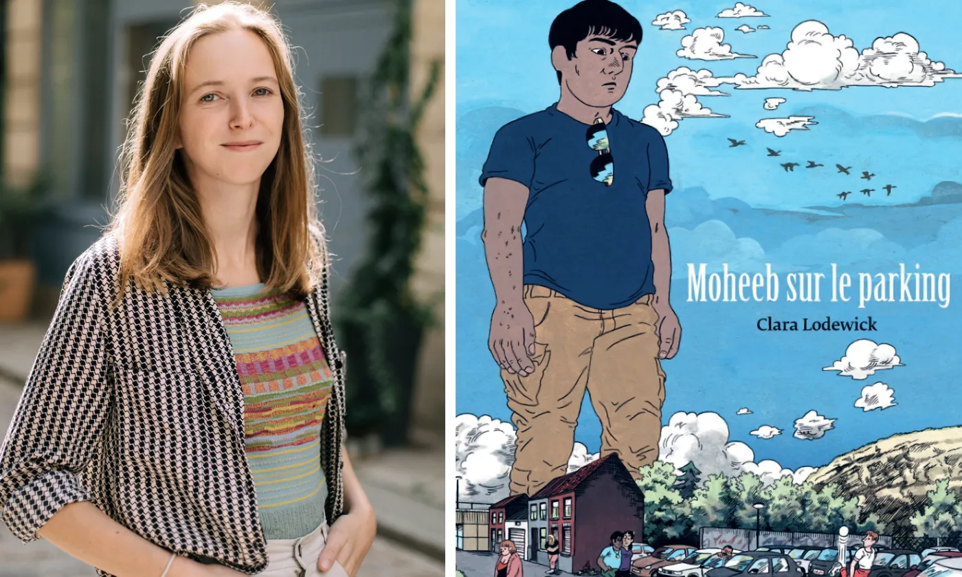 Clara Lodewick et la couverture de sa BD, Moheeb sur le parking. © Chloé Vollmer-Lo
