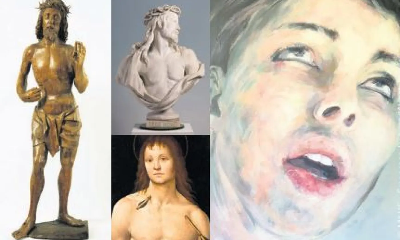 De gauche à droite: Christ ressuscité montrant ses plaies (bois de noyer, 1460-1470); Marcello (Adèle d’Affry) «Ecce Homo» (marbre, 1877); Saint-Sébastien (liant huileux sur bois, vers 1500); Wojtek Klakla, « Non-Binary » (acrylique sur toile, 2021). © MAHF - Francesco Ragusa/Wojtek Klakla
