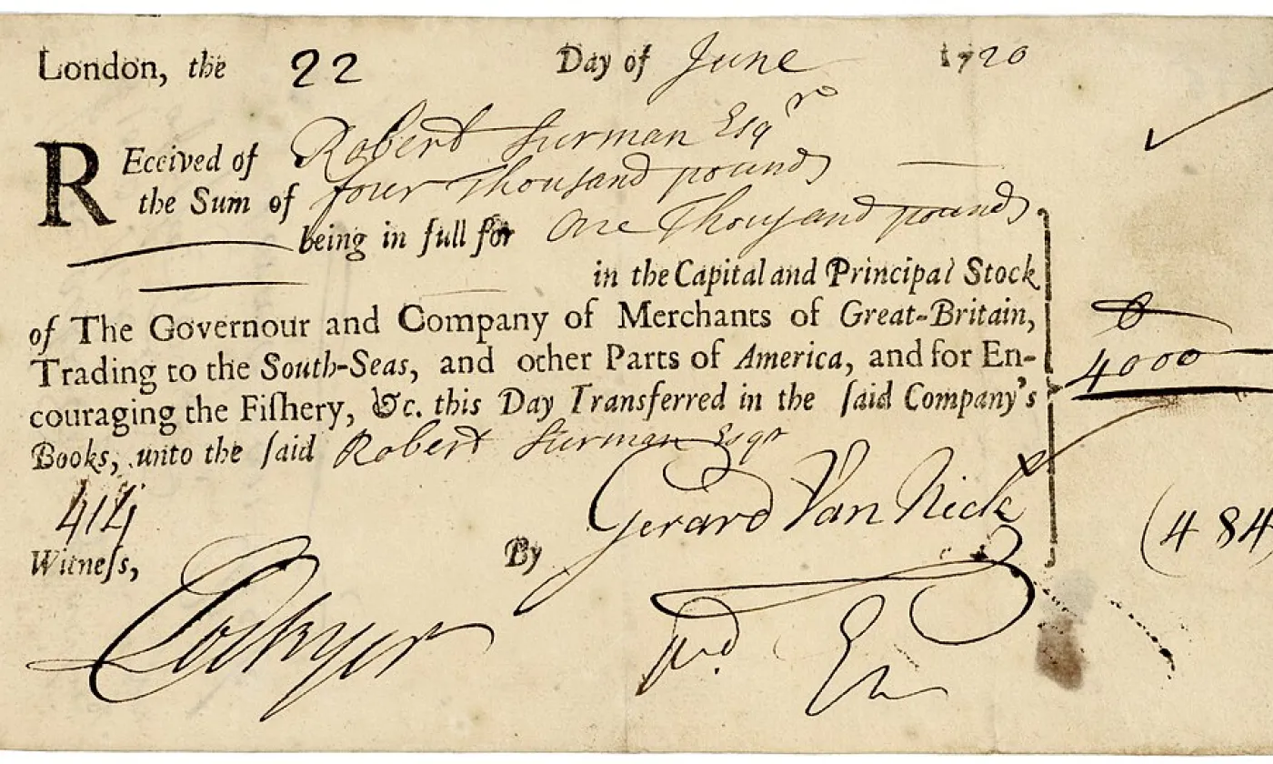 Certificat d'actions de la South Sea Company, dans laquelle l'Eglise anglicane a investi au 18e siècle ©Wikimedia Commons/CC0