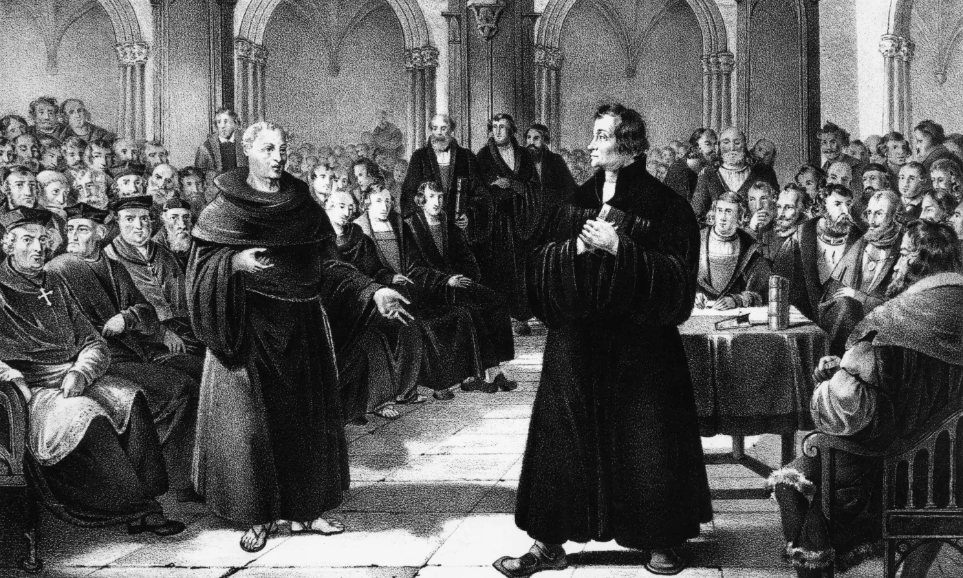 Lithographie représentant Zwingli lors de la dispute de 1523 à l'Hôtel de Ville de Zurich KEYSTONE/IBA-ARCHIV/Str