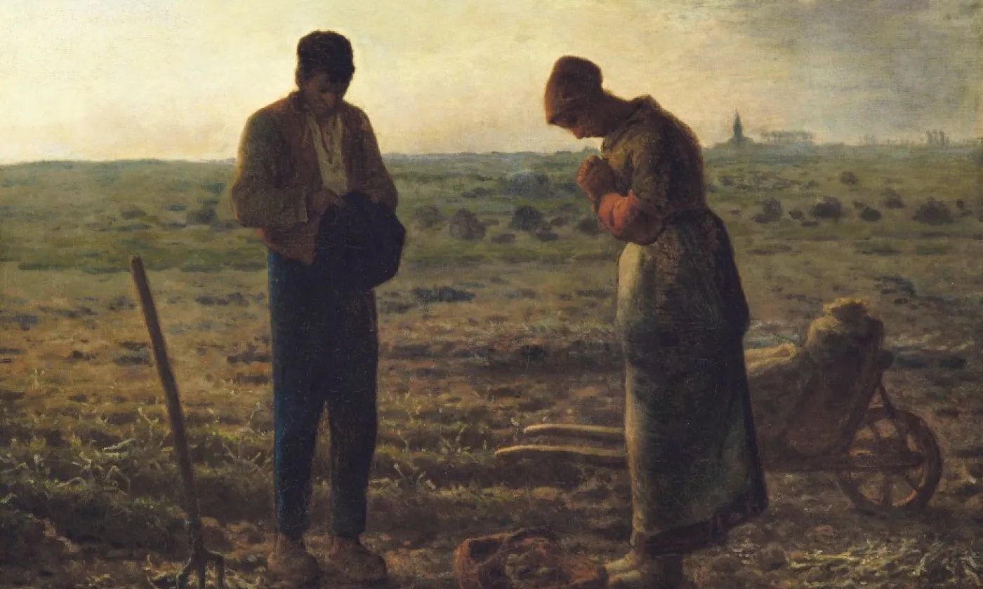 L’Angélus, huile sur toile (entre 1857 et 1859) de Jean-François Millet (1814-1875). Figure majeure du réalisme, Jean- François Millet donne une dimension sacrée au travail de la terre et au quotidien des humbles.